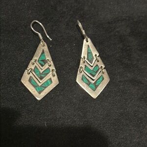 Silver and Green Geometric Earrings